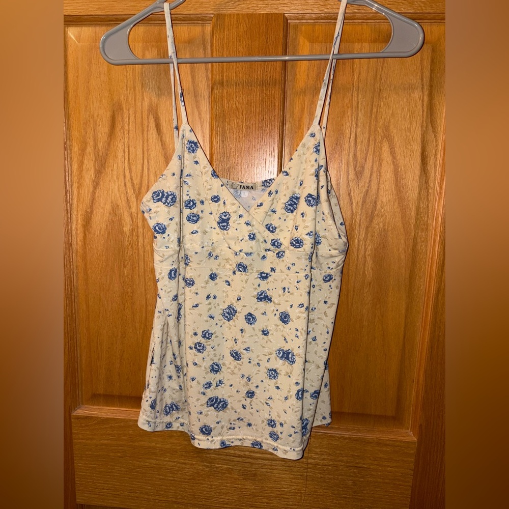 Cream tank top with blue flower design
